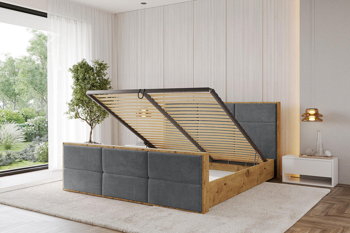 POLSTERBETT mit Bettkasten, Fußteil und Lattenrost, Boxbett mit Matratze H3/H4 - ENZO1-Z 180x200 Dunkelgrau - Anthrazit, Holzwerkstoff/Textil (180/200cm) - ALTDECOR