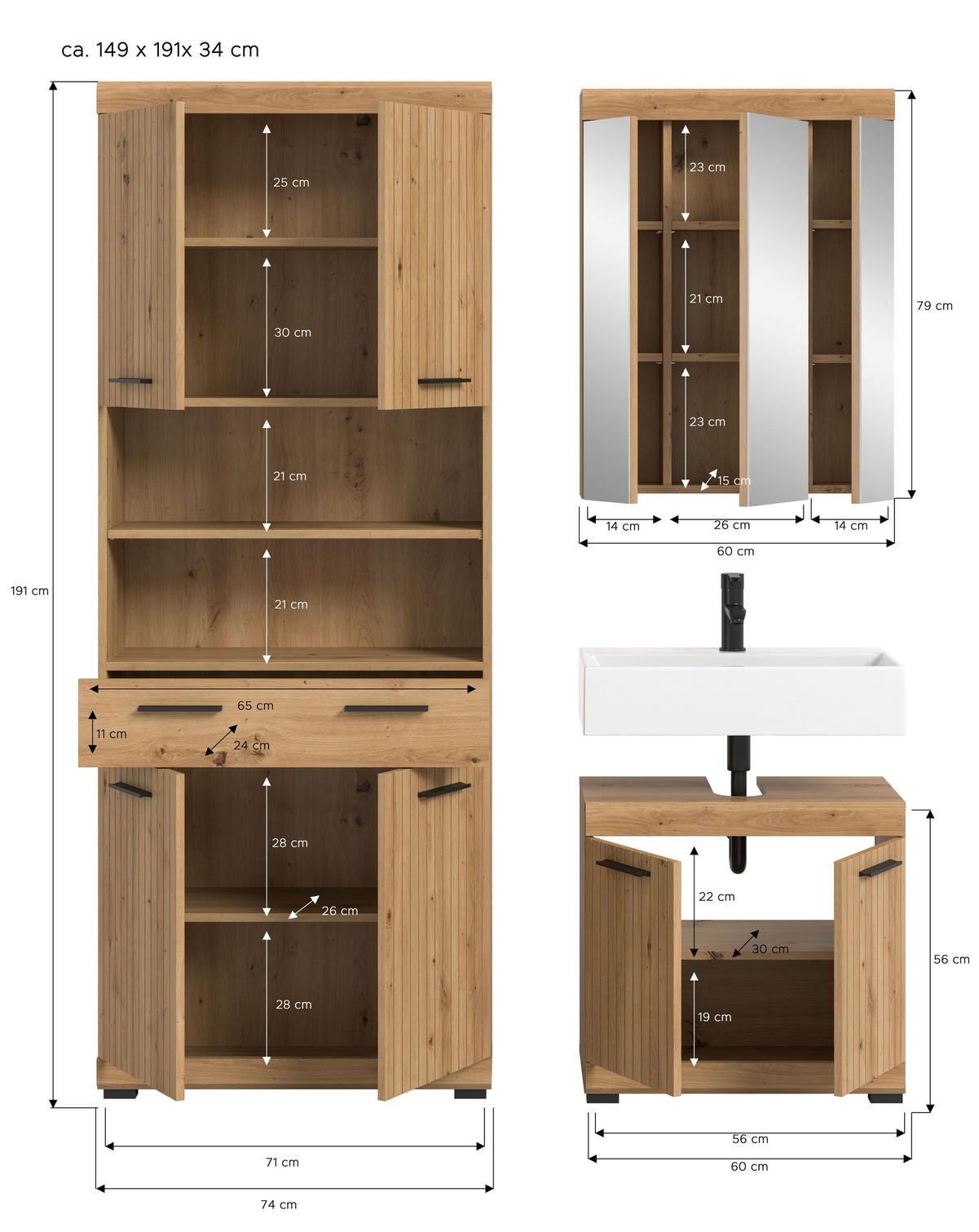 BADEZIMMER Vento 3-tlg. (B/H/T: ca. 149/191/34 cm) in Artisan Eiche /Artisan Eiche - Eiche Artisan, Holz (149/191/34cm)