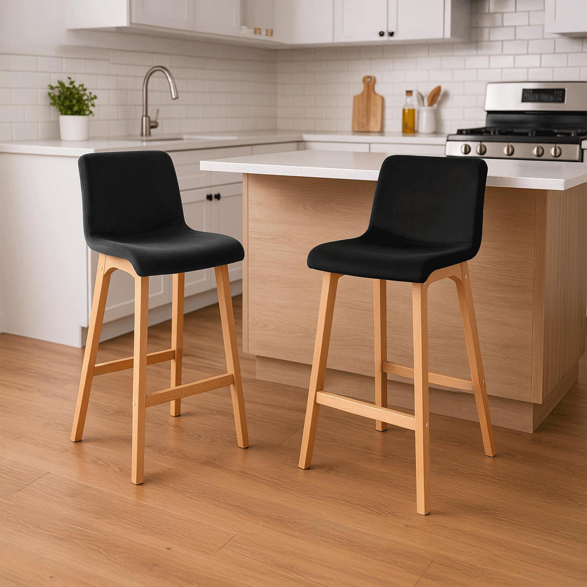BARHOCKER Samt Schwarz - Eukalyptusholzfarben/Schwarz, Holz/Textil (41/101/46cm) - CLP