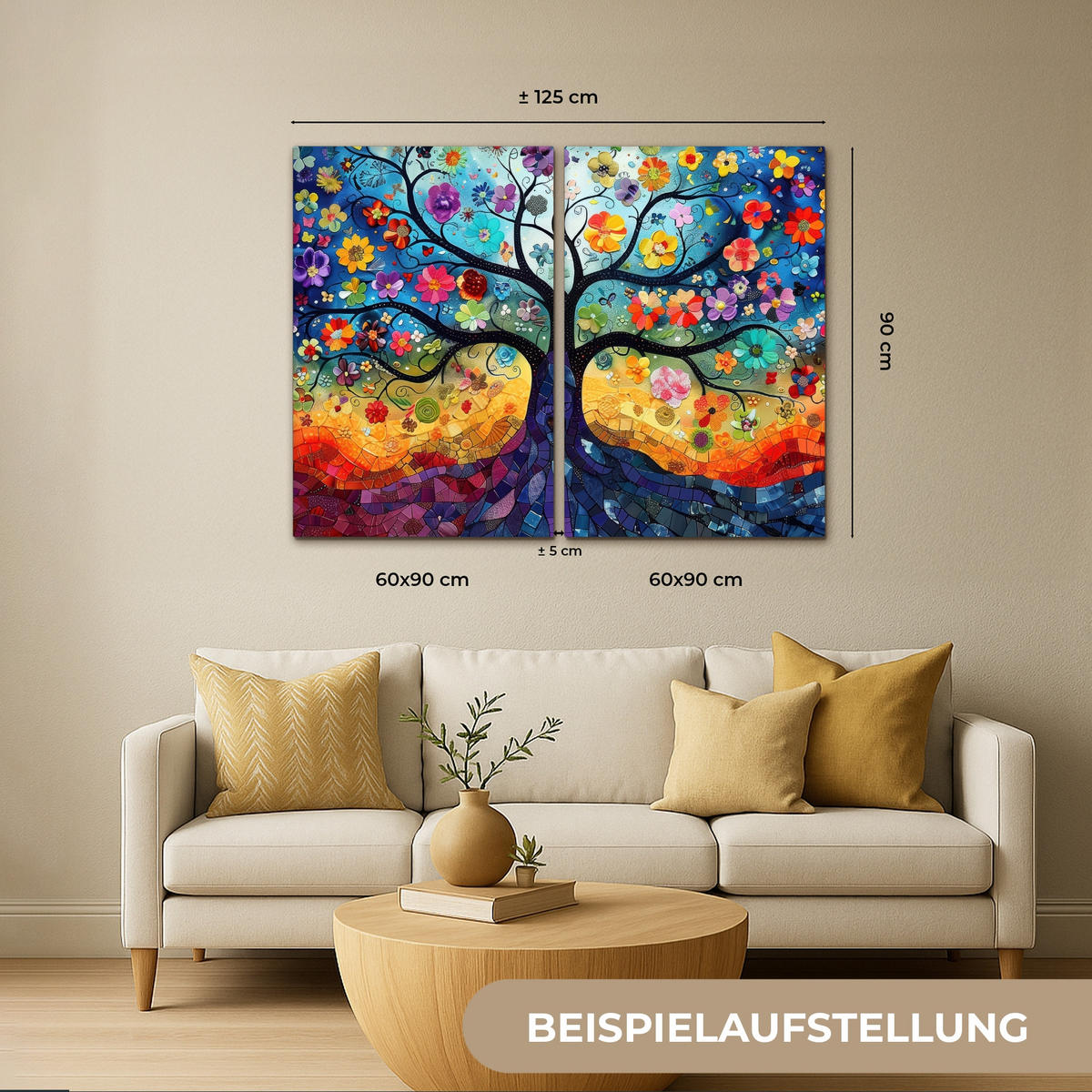 OBRAZ NA PLÁTNĚ 2dílná sada Barevné - Strom života - Květiny - Abstraktní 120x90 cm - modrá, textil (120/90cm) - MuchoWow