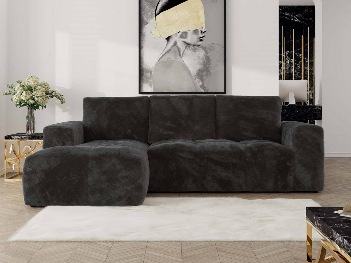 ECKSOFA MONIVA Dunkelgrau Plüsch - Links - Dunkelgrau/Schwarz, Textil (164/266cm) - MKS