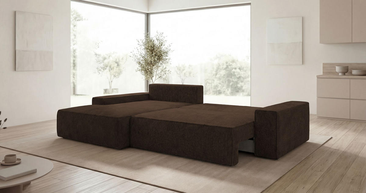 ECKSOFA VERONA links braun Cord Poso 6 - Schlaffunktion, Bettkasten - Braun, Textil (280/185cm) - Cornero