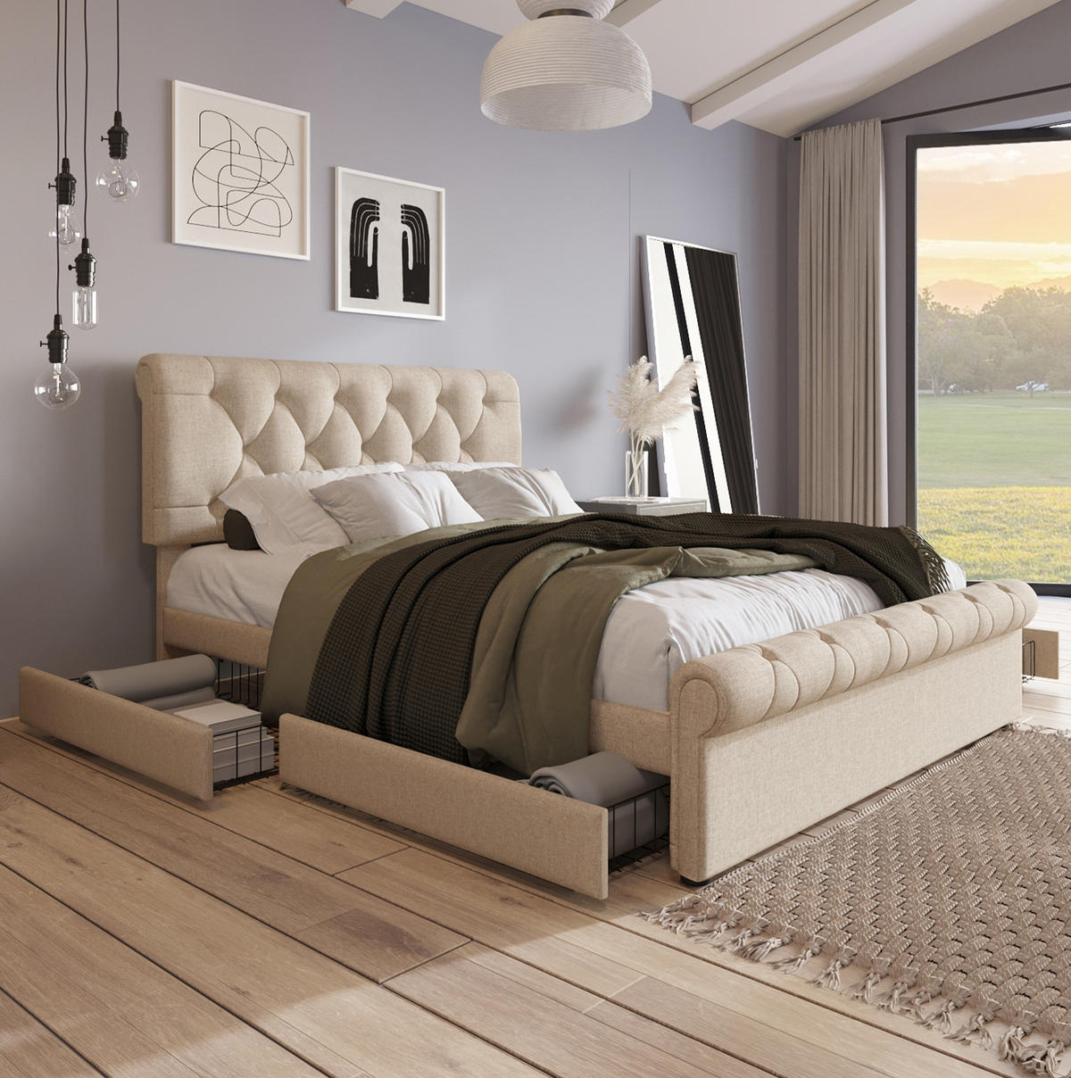 BETT mit 4 Schubladen 140x200 cm Leinen Natur inkl. Matratze - Beige, Holz (140/200cm) - Meubliv