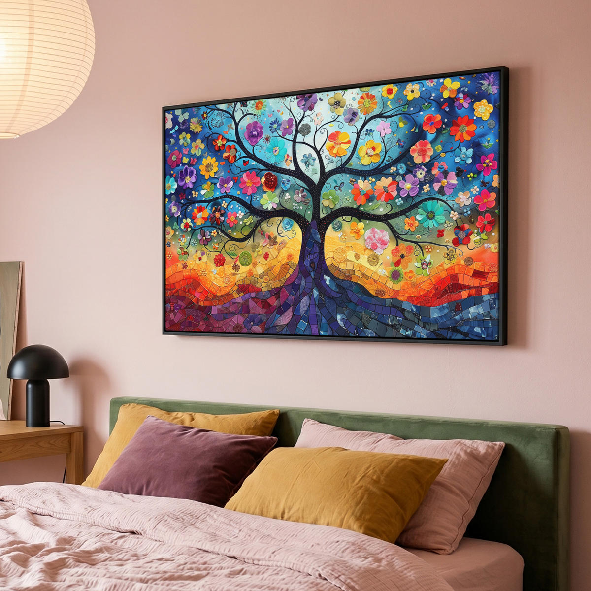 LEINWAND Bilder mit Rahmen - Kunst - Baum des Lebens - Blumen - Hippie - 120x80 - Dunkelblau, Textil (120/80cm) - MuchoWow