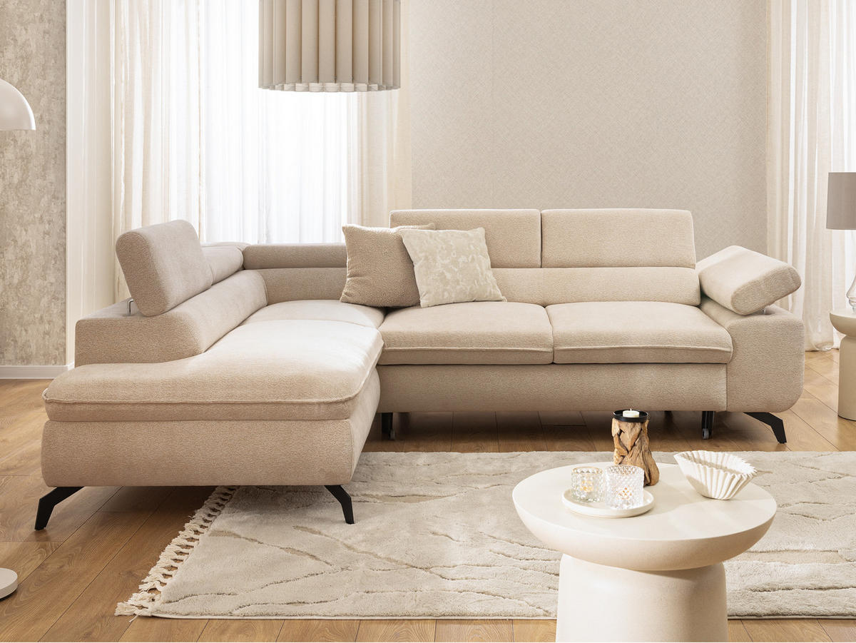 ECKSOFA mit Schlaffunktion und Bettkasten Bonnie aus Taupe Chenille-Stoff mit verstellbaren Kopfstützen und Armlehne - Ottomane links - Taupe/Schwarz, Holz/Textil (275/210cm) - S-Style Möbel