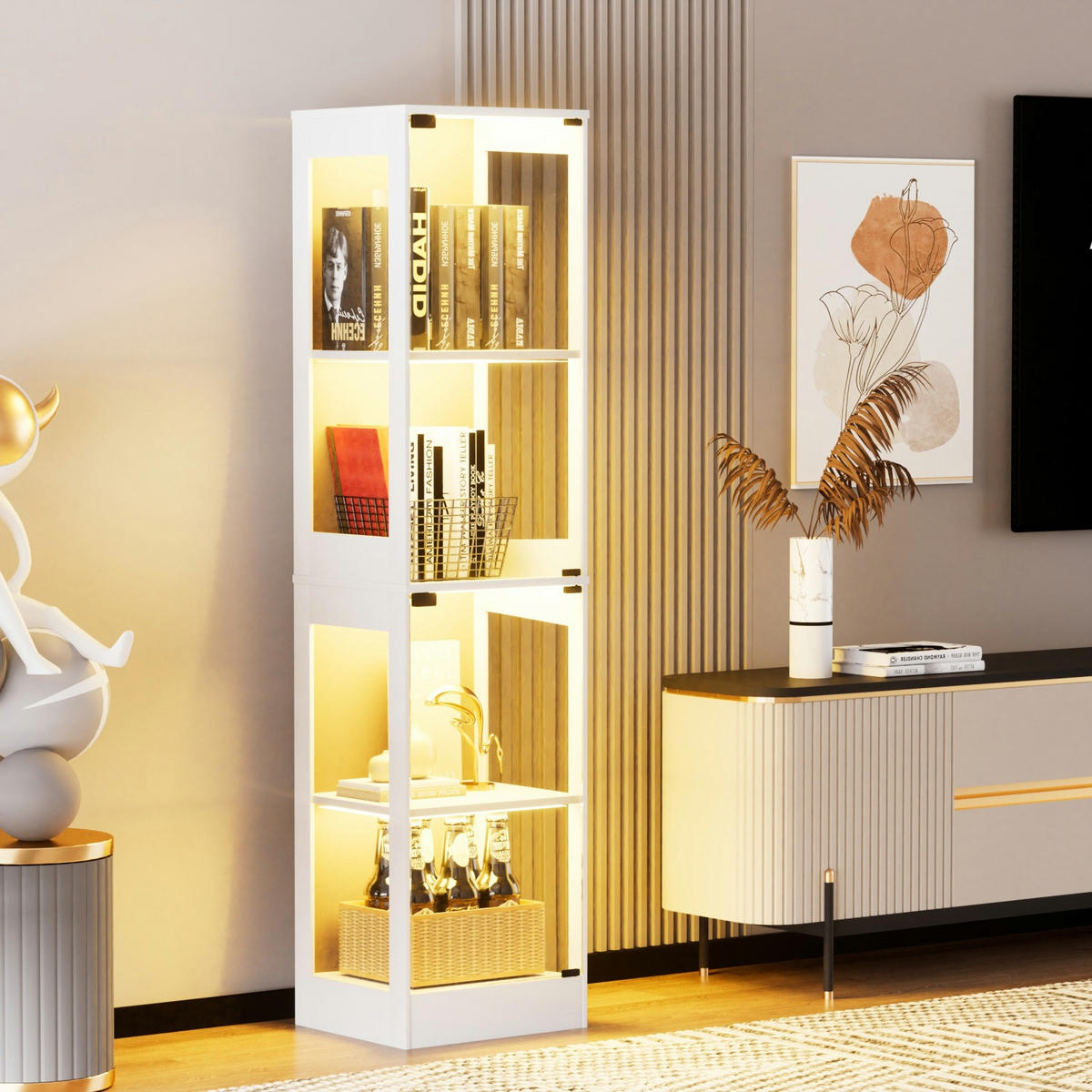 VITRINENSCHRANK 40/35/165 cm,Glasvitrine mit LED Beleuchtung und Ladestation Weiß - Weiß, Glas (40/165/30cm) - PARAFTA HOME