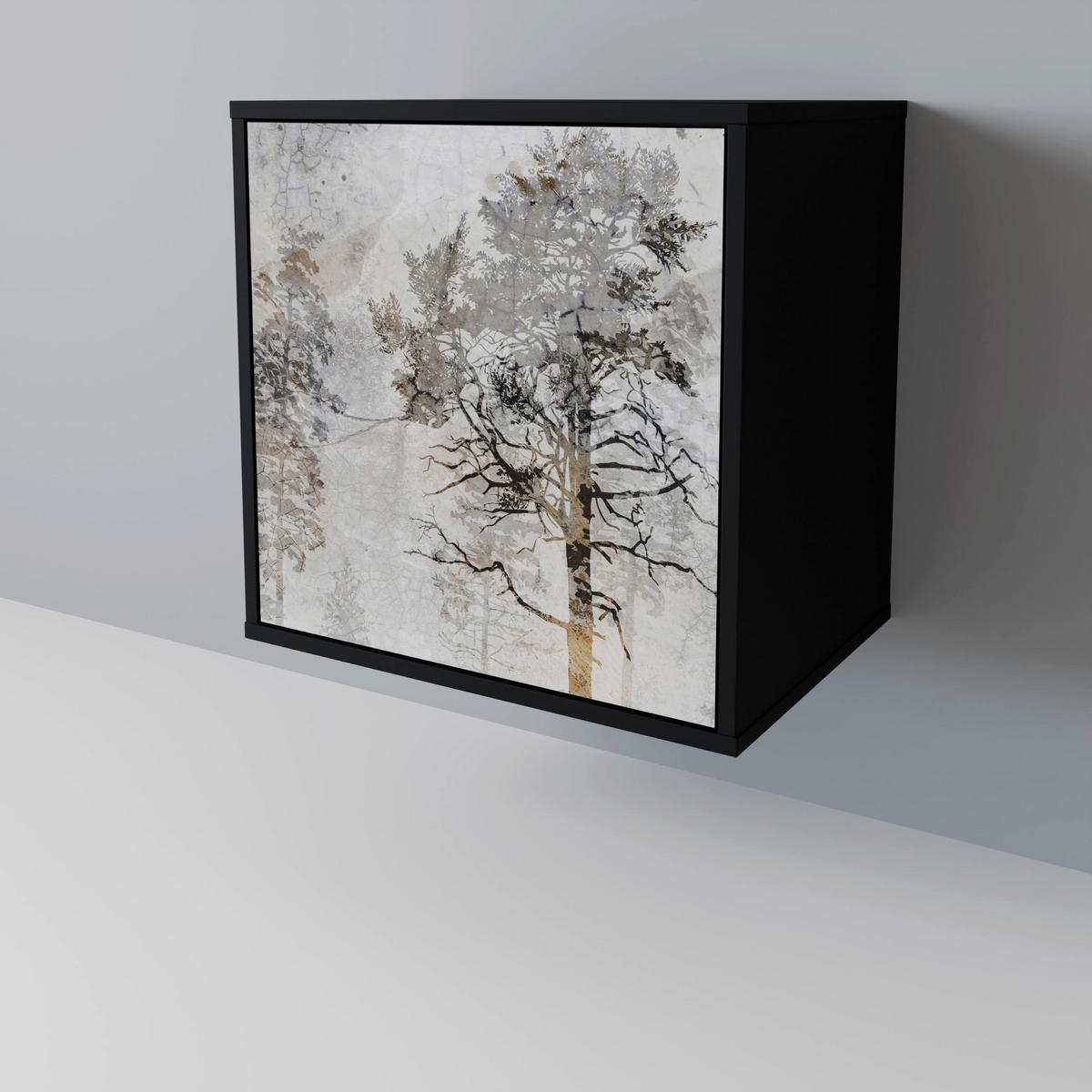 SIDEBOARD FADE IN THE TREES, Schwarz, 57,5x42x75,5 cm, Goldfarbene Metallfüße - Goldfarben/Multicolor, Holzwerkstoff/Metall (57.5/75.5/42cm) - SpaceRebels