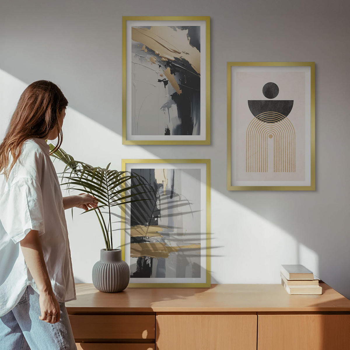BILDER SET 3er Set - 40x60 cm Goldrahmen - Abstrakte Geometrie Eleganz - Goldfarben, Kunststoff (40/60cm) - TULUP