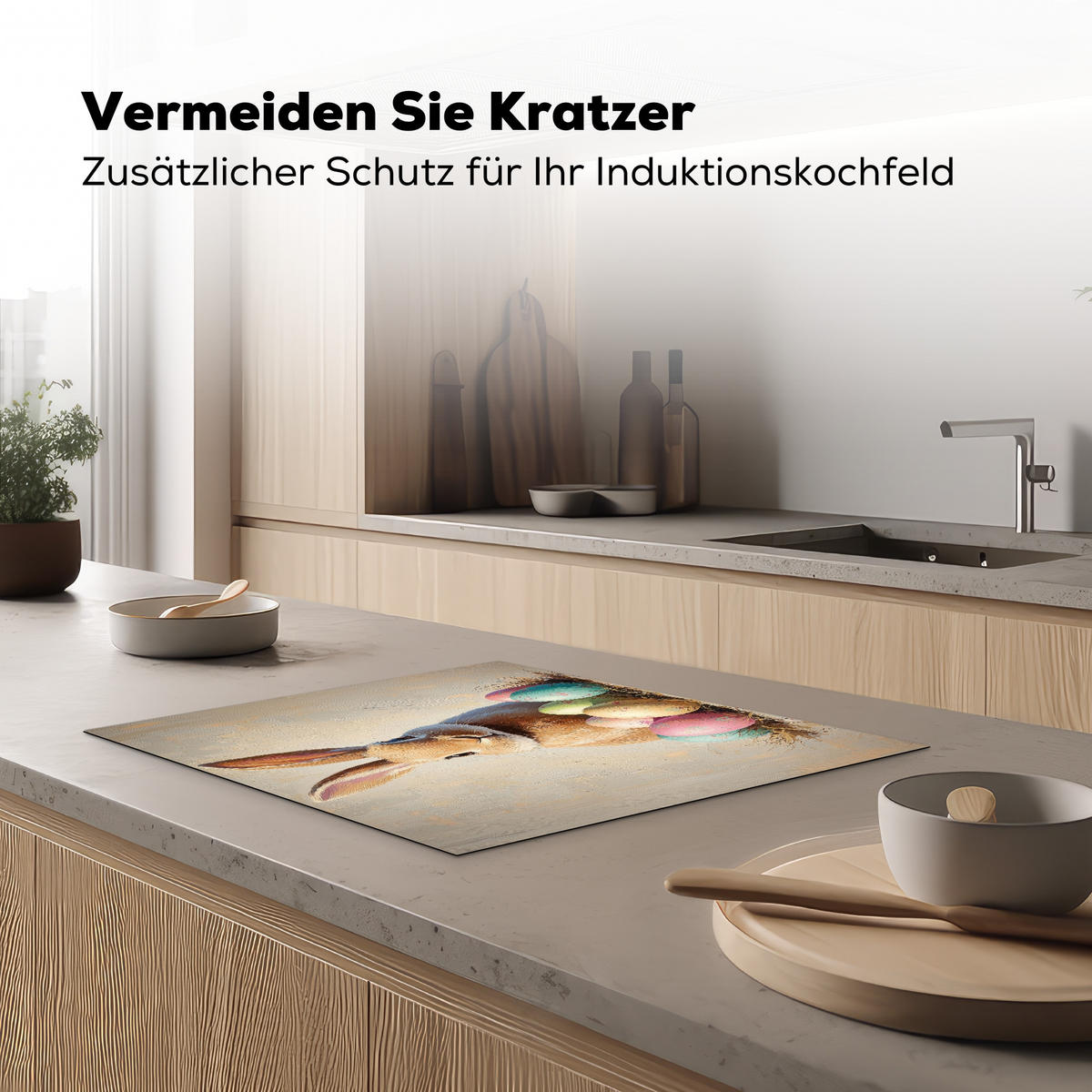 HERDABDECKPLATTE Osterhase - Pastell - Eier Herdabdeckung Induktionsfeld 65x52 cm - Beige, Kunststoff (65/52/0.2cm) - MuchoWow