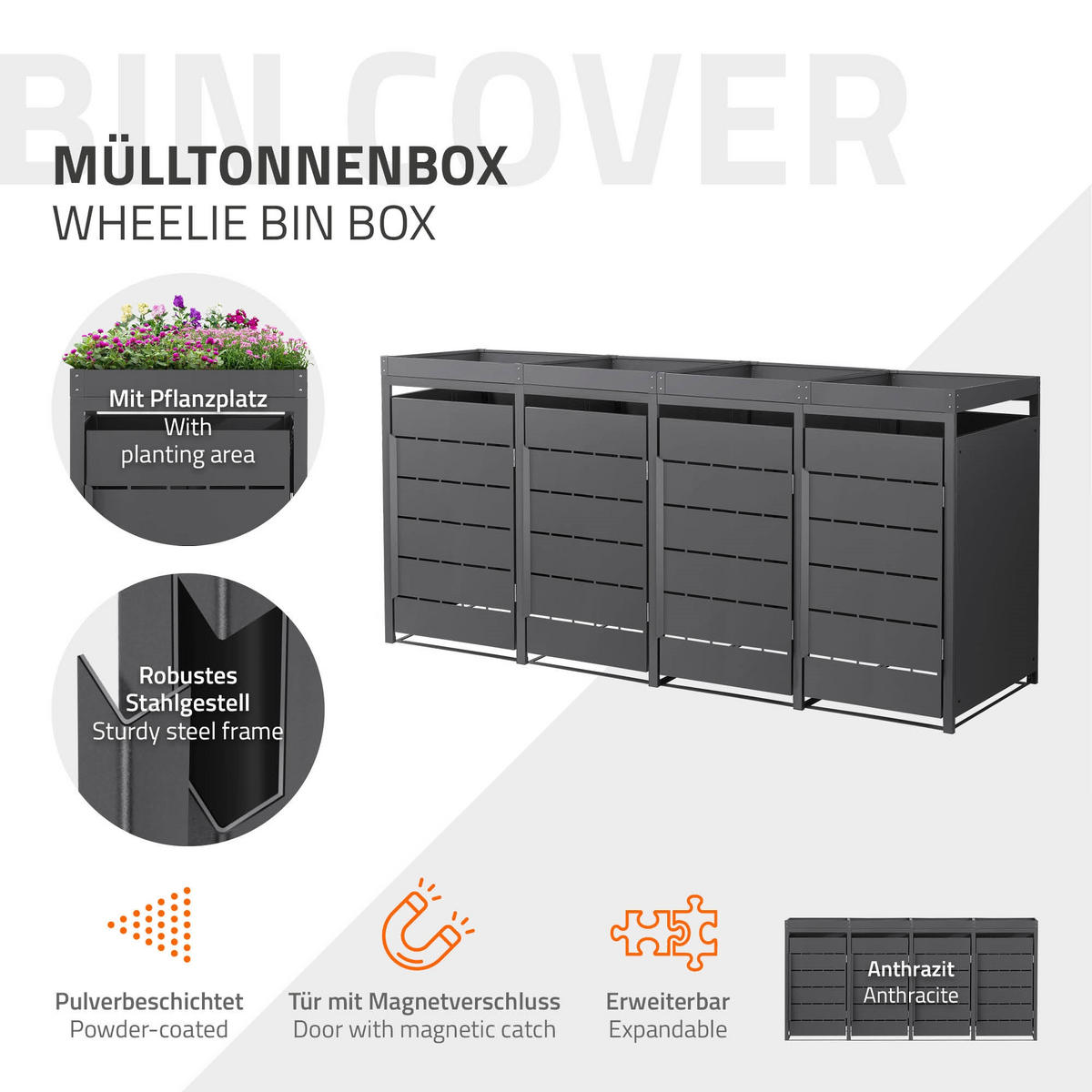 MÜLLTONNENBOX 4er mit Pflanzdach 240L 260x80x124 cm Anthrazit aus Stahl - Anthrazit, Metall (80/124/260cm) - ML-DESIGN