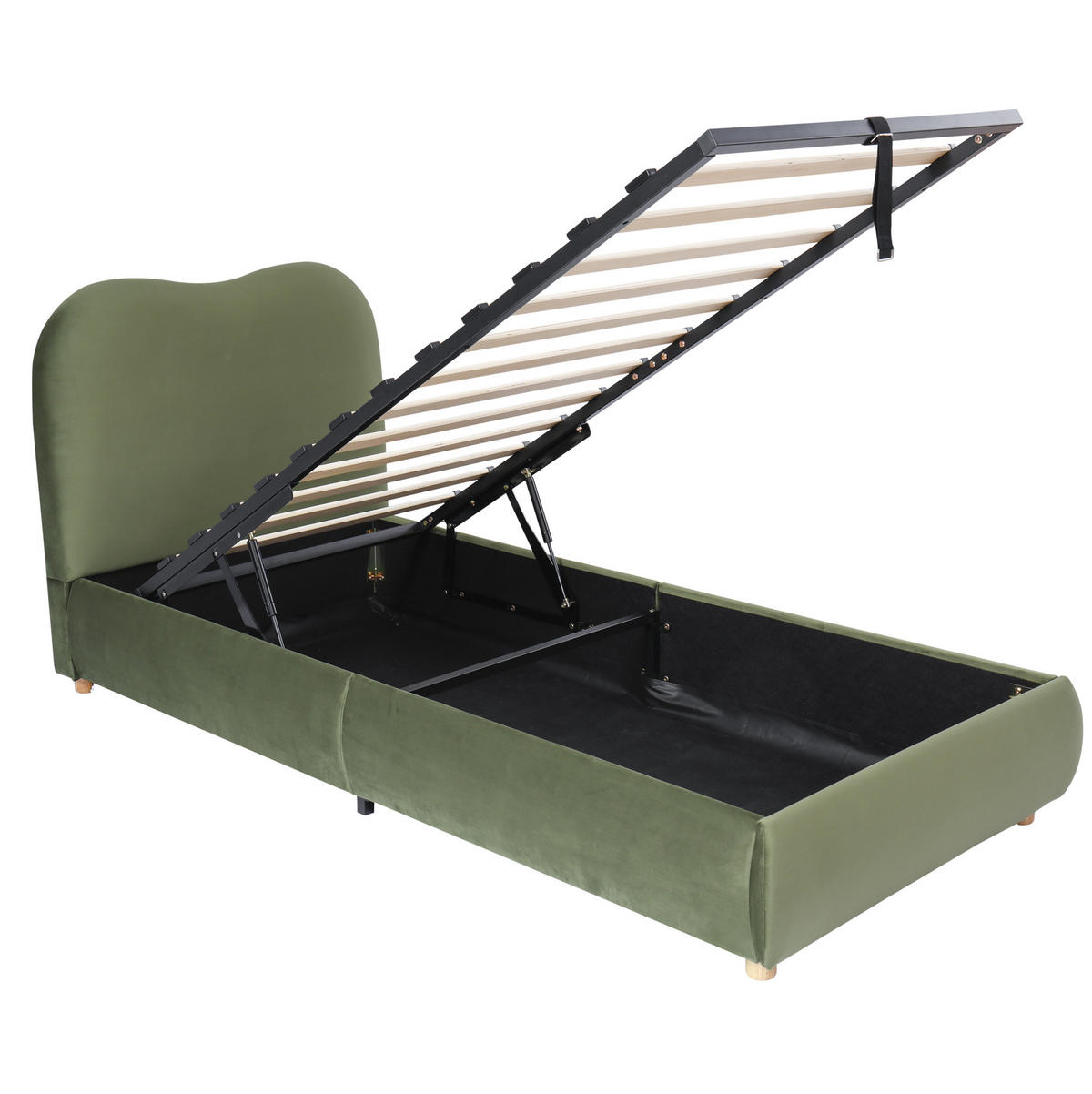 POLSTERBETT 90/200 cm mit hydraulischem Bettkasten, Lattenrost und gepolstertem Kopfteil aus Samt, Grün - Grün, Textil (90/200cm) - Redom