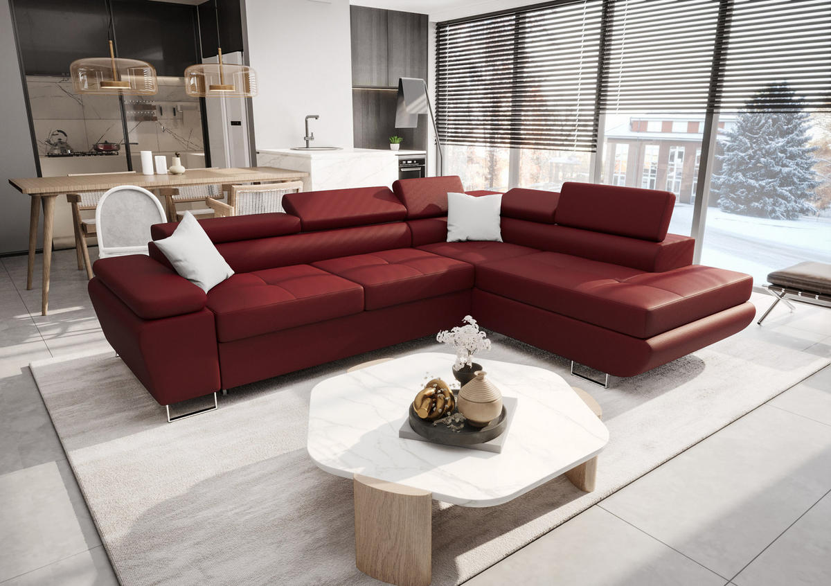ECKSOFA KONGO RBN04, Eckcouch in L-Form mit Schlaffunktion, Farbe: Rot, Kunstleder, Ottomane Rechts - Rot, Textil (272/200cm) - O-Sofa