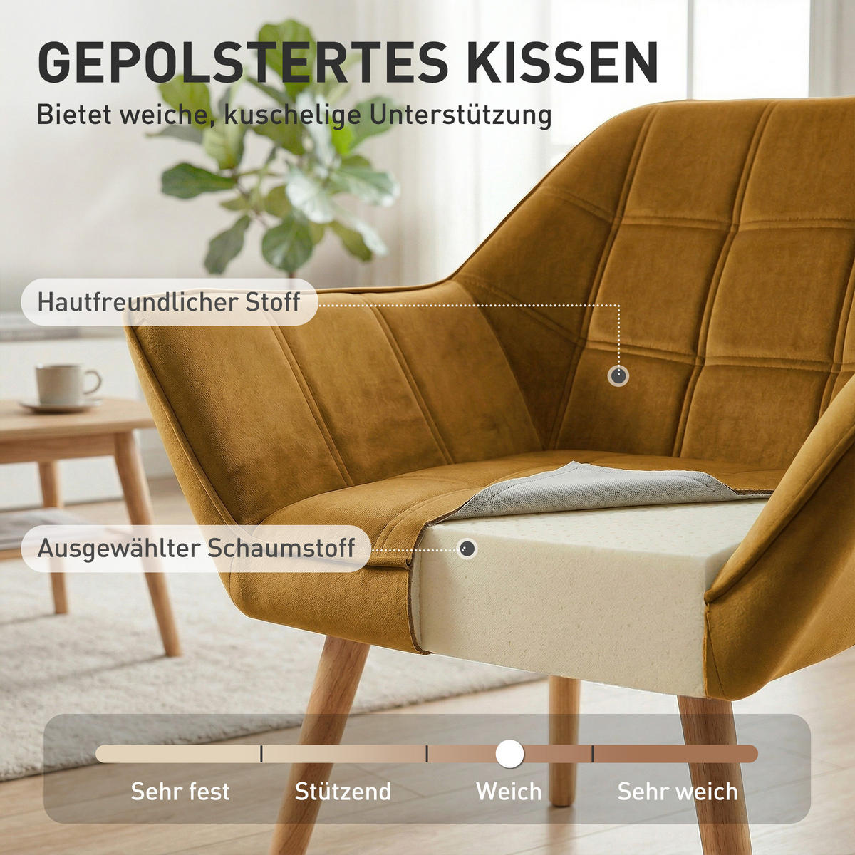 ARMLEHNENSTUHL DE-06807 Skandi Design mit Samtoptik und Kautschukholzbeinen Gelb - Gelb, Holz/Textil (61.5/71/67cm) - ComfortXL