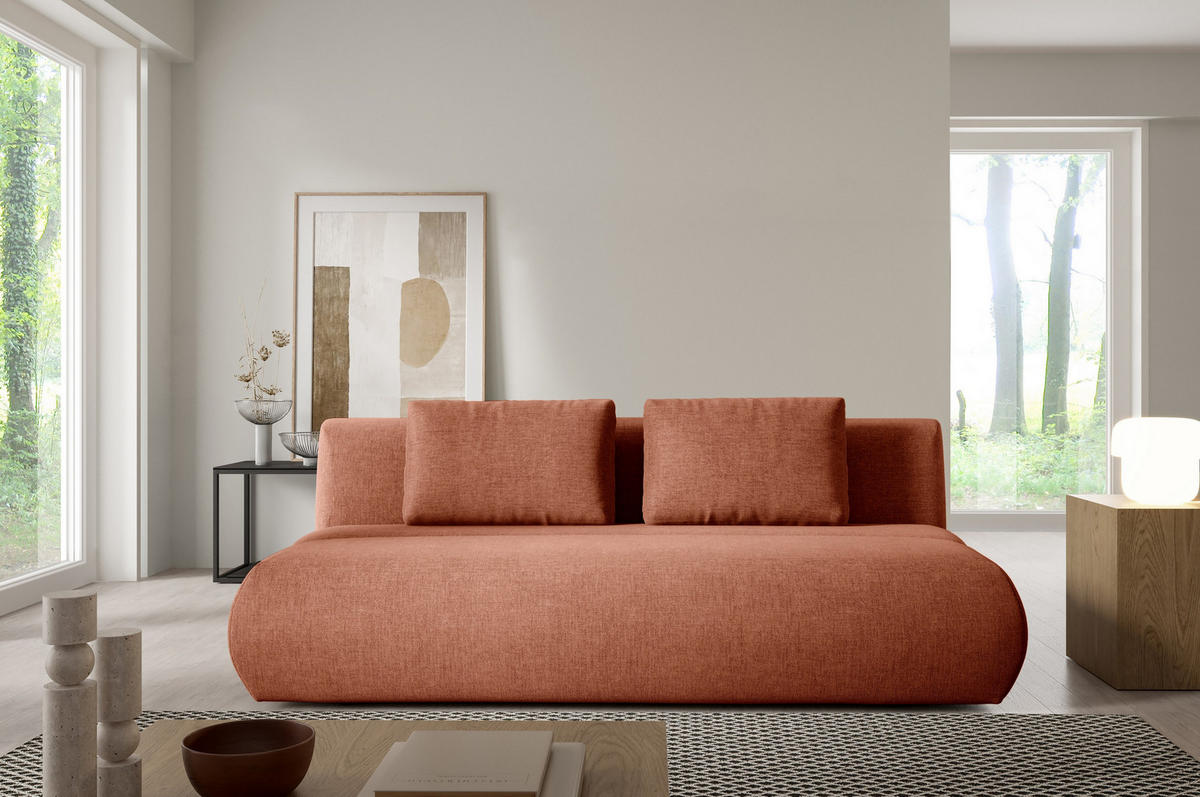 BETTSOFA ATOMO Orange Chenille-Stoff mit Schlaffunktion - Orange, Holz (217/82/134cm) - MASSENO