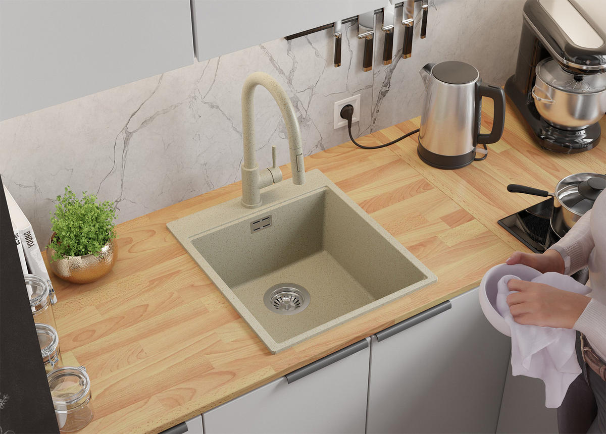 SPÜLBECKEN Oslo, 2-er set Beige 43/50 cm 1 Becken + Ablauf-Set + Schneidebrett ab 45er Unterschrank - Chromfarben/Beige, Kunststoff (43/20/50cm) - Primagran