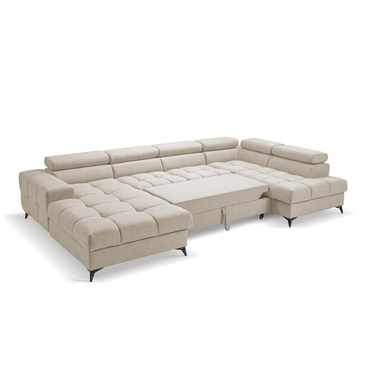 ECKSOFA PUDDING U Links mit Schlaffunktion 125x260 Velours Creme - Creme/Schwarz, Holz/Textil (203/350cm) - Muffo