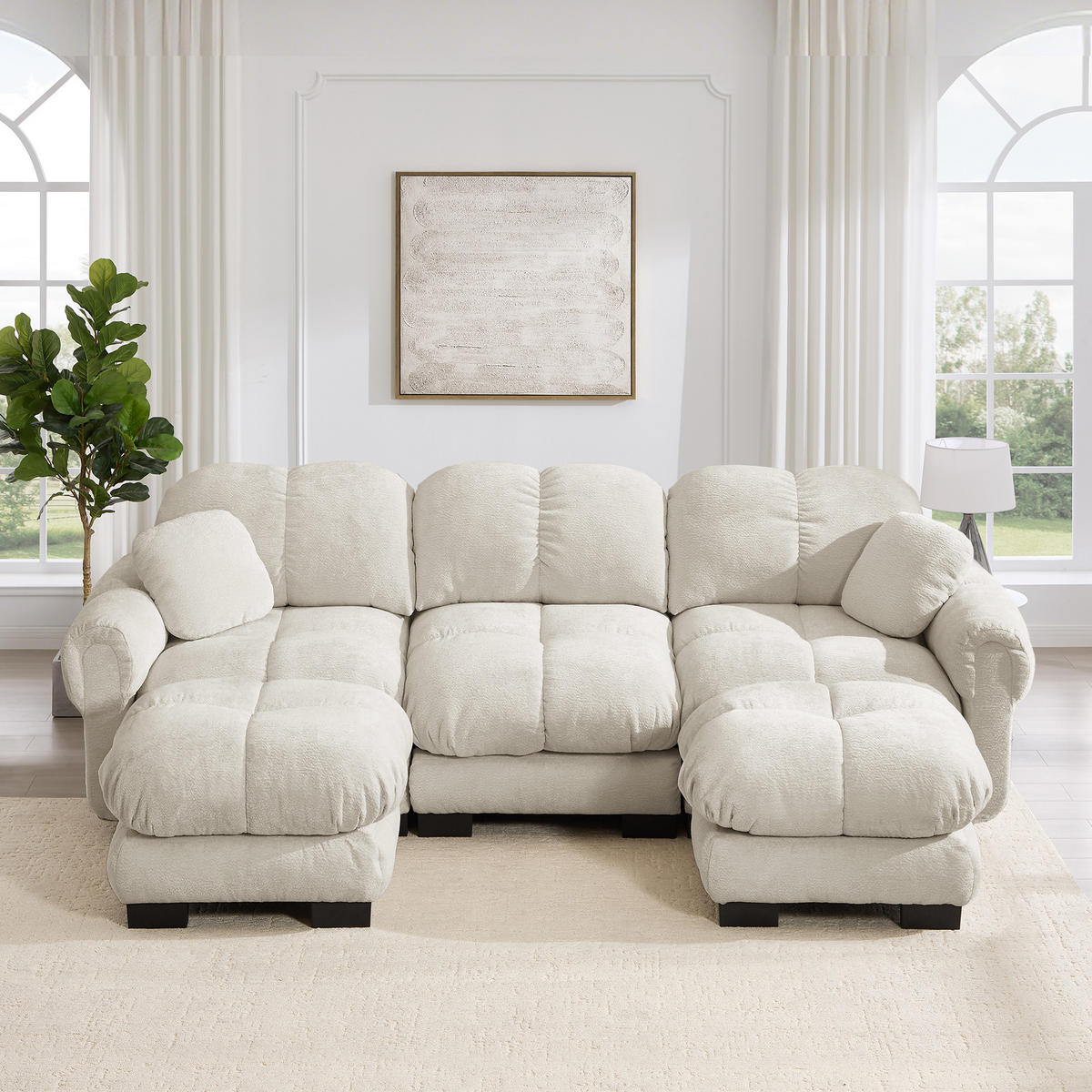 WOHNLANDSCHAFT DE-34384 U-Form mit Ottoman und Steppdesign Hellkhaki - Sandfarben, Textil (149/90/260cm) - ComfortXL