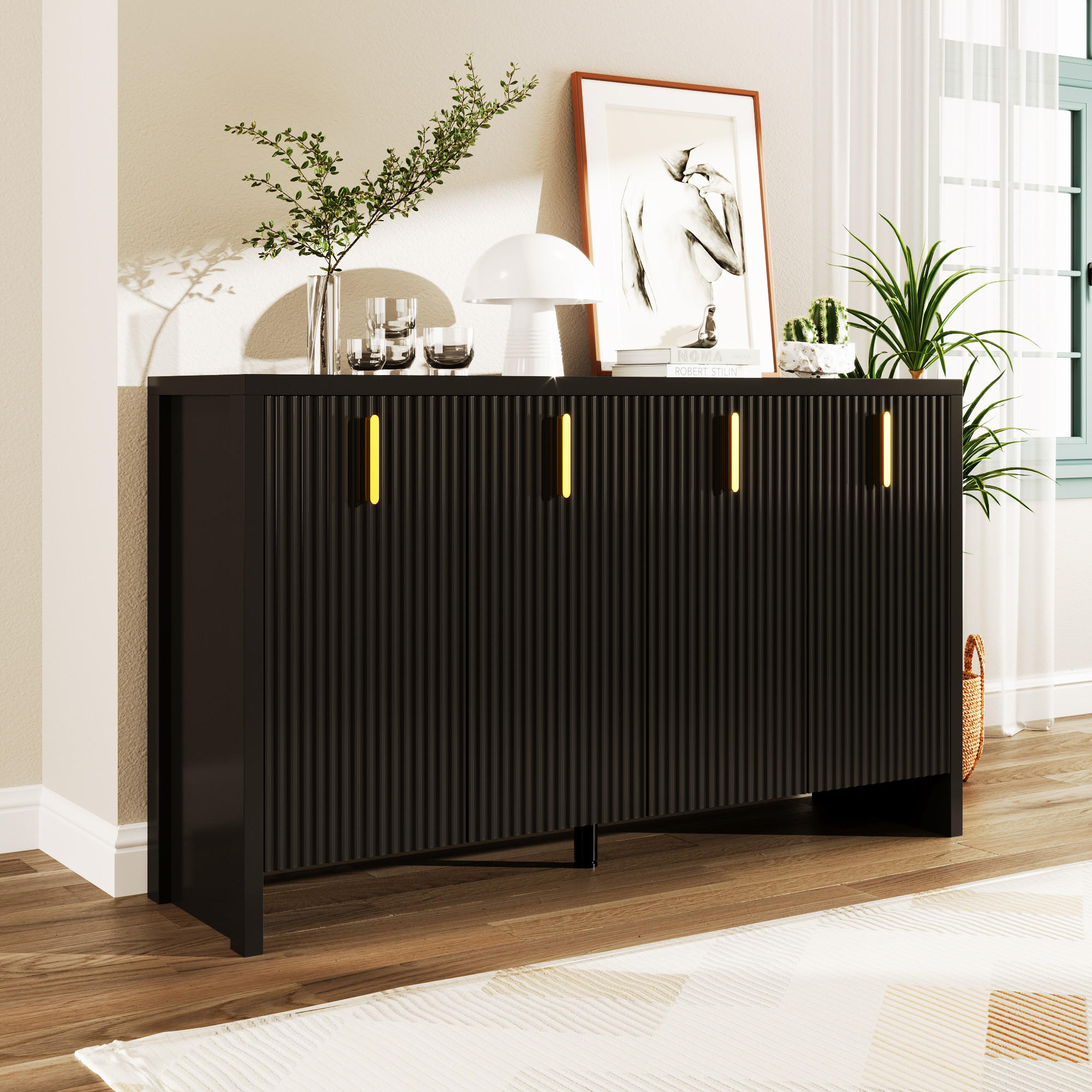 SIDEBOARD schwarz Goldgriffe verstellbar - Schwarz, Holzwerkstoff (140/80/38cm) - LEBENLANG
