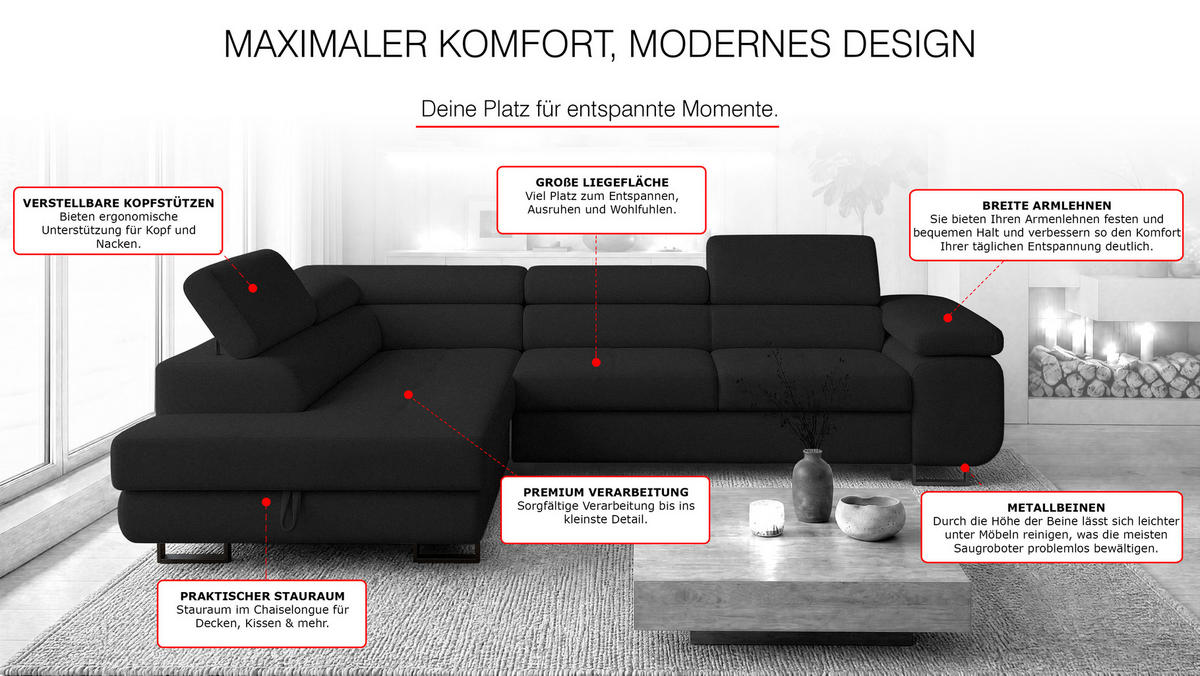ECKSOFA Velmo mit Bettkasten und Schlaffunktion, verstellbaren Kopfstützen, in L-Form - Dunkelgrau, Textil (275/203cm)