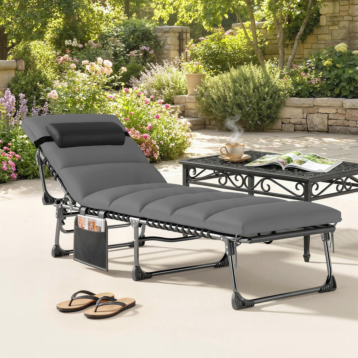 SONNENLIEGE DE-15702 5 Positionen mit dickem Kissen Dunkelgrau - Dunkelgrau, Metall (57/38/200cm) - ComfortXL