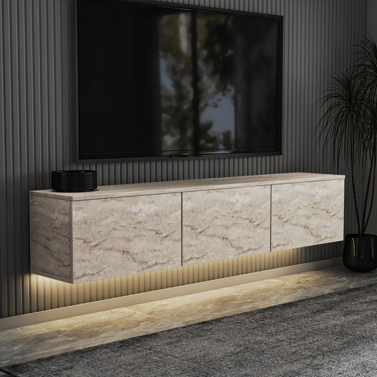 TV-MÖBEL Neon Illuminated Hängend Travertin - Beige, Holz (160/35/32cm) - Habitat Garten