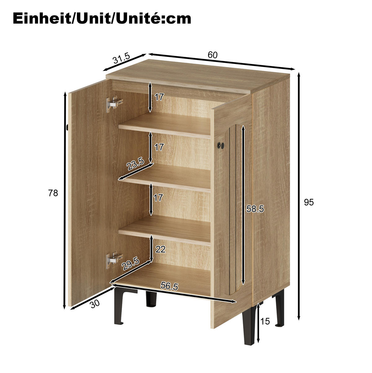 SCHUHSCHRANK 60/31,5/95 cm mit Doppeltüren, festen Einlegeböden aus Spanplatte, Holzfarbe - Eichefarben, Holzwerkstoff (60/95/31.5cm) - Redom