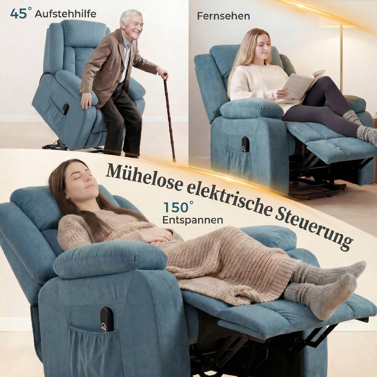 RECLINERFÅTÖLJ med uppresningshjälp, polyester och stål, blå - Svart/Blå, Textil/Metall (92/105/94cm) - HOMCOM