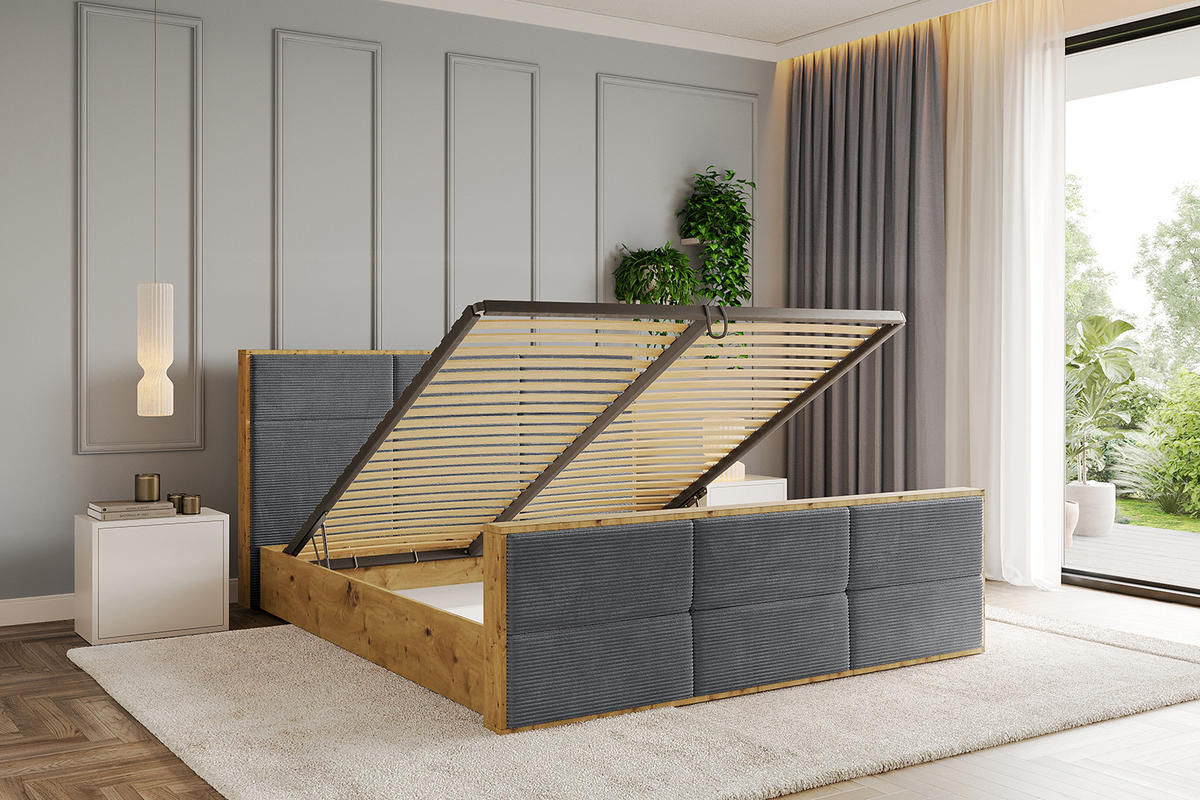 POLSTERBETT mit Bettkasten, Fußteil und Lattenrost, Boxbett mit Matratze H3/H4 - ENZO1-Z 180x200 Dunkelgrau - Anthrazit, Holzwerkstoff/Textil (180/200cm) - ALTDECOR