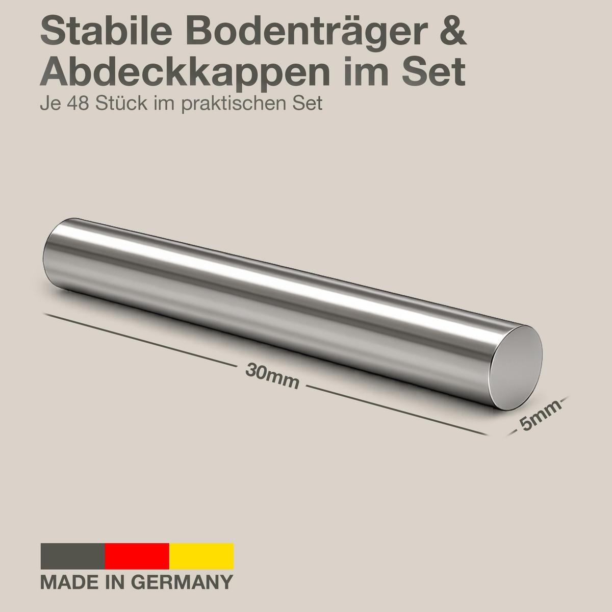 BODENTRÄGER 5x30 mm inkl Abdeckkappen für Glas und Holz - Silberfarben, Metall (0.3/0.5/1cm) - K-Möbel