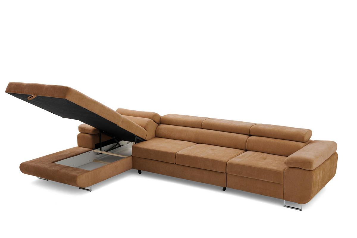 ECKSOFA ALONZO MAXI Links mit Schlaffunktion 125x195 Chenille Braun - Chromfarben/Braun, Holz/Textil (350/203cm) - Muffo