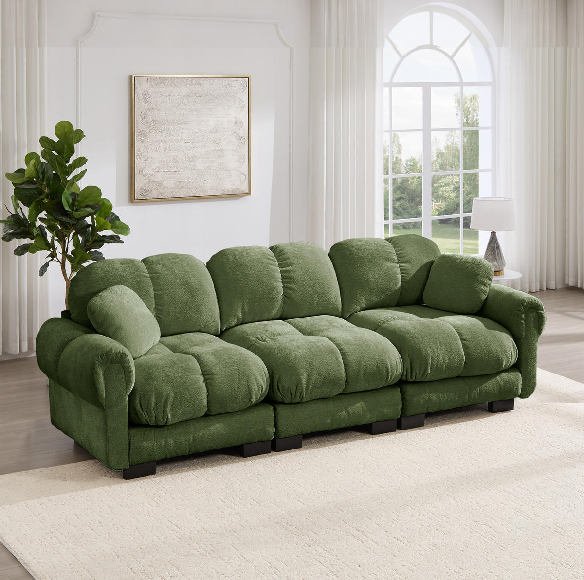 SOFA 260/86/90 cm in Grün aus Chenille mit Steppnähten und modularer Bauweise - Grün, Textil (86/90/260cm) - Flora Grace
