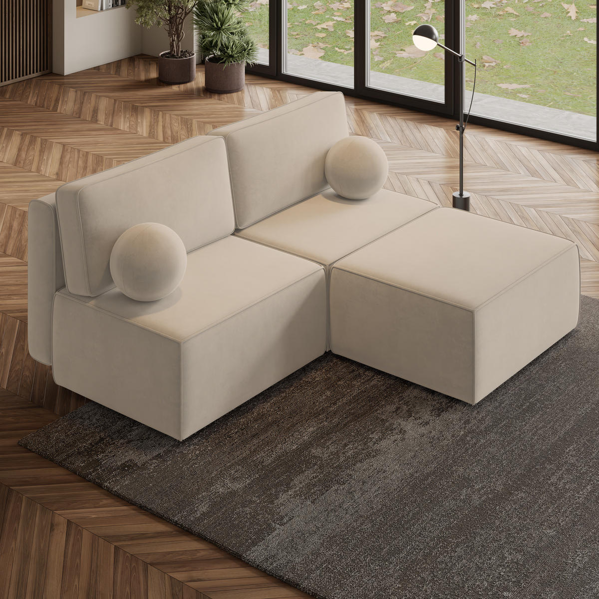 ECKSOFA VARNA M Creme Velours-Stoff mit Schlaffunktion - Creme, Holz (196/158cm) - MASSENO