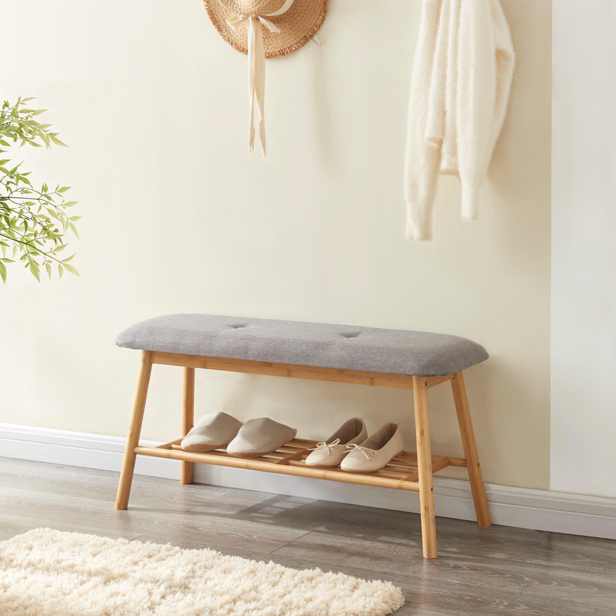 SCHUHBANK Römnitz - Grau, Holz/Textil (90/45/30cm) - [en.casa]