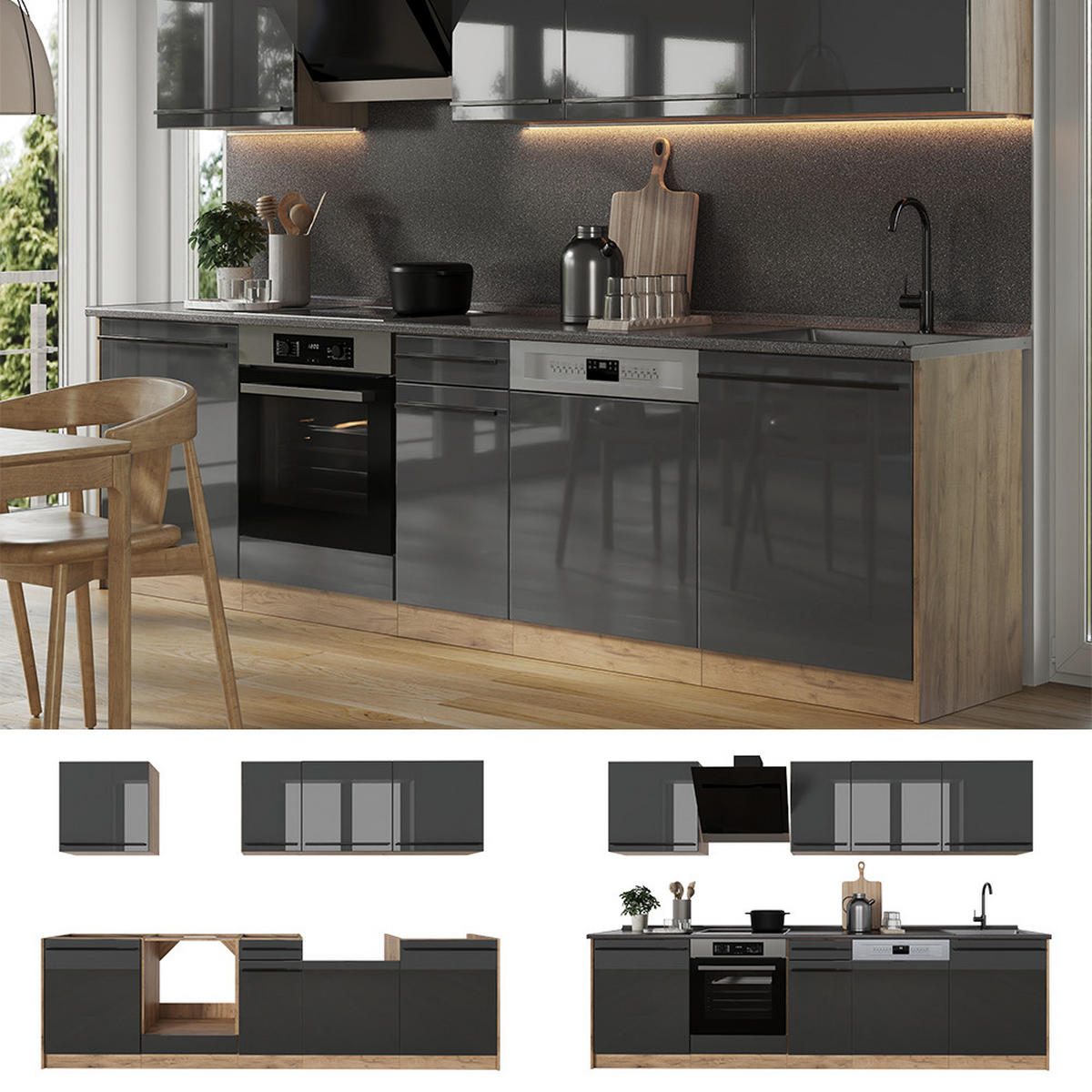 KÜCHENZEILE R-Line, Anthrazit Hochglanz/Goldkraft Eiche, 280 cm Arbeitsplatte Marmor - Honigeiche/Schwarz Hochglanz, Holzwerkstoff (280/206.8/60cm) - Vicco