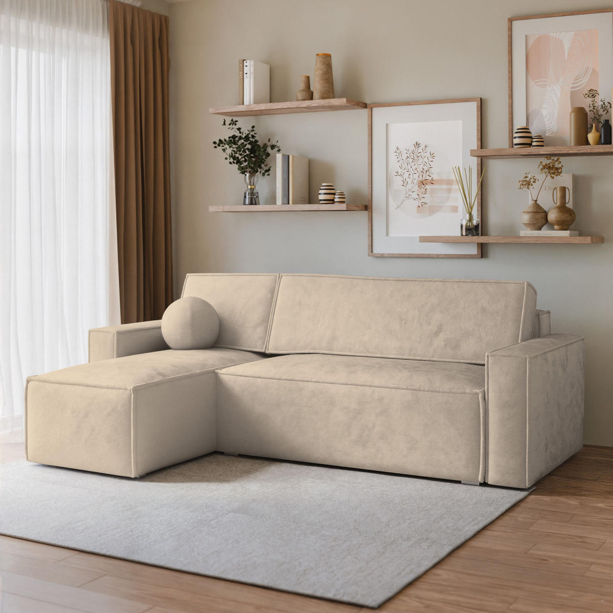ECKSOFA RAVELO M Creme Velours-Stoff mit Schlaffunktion - Creme, Holz (240/140cm) - MASSENO