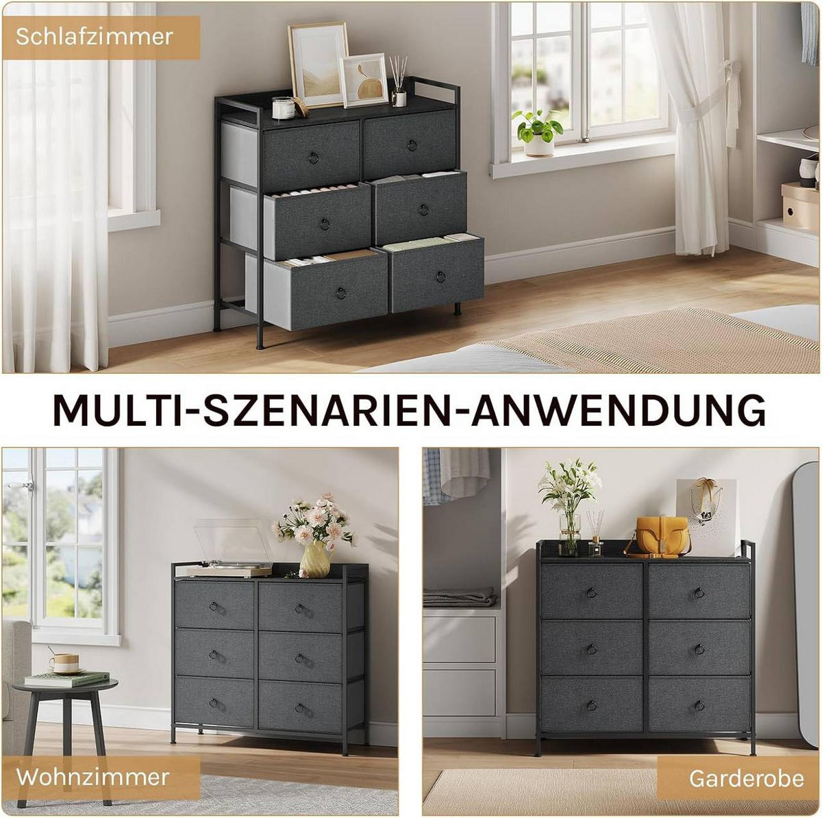 KOMMODE mit 6 Schubladen, Industrial Stil, Dunkelgrau - Dunkelgrau/Schwarz, Holzwerkstoff/Kunststoff (80/78/29cm) - Woltu