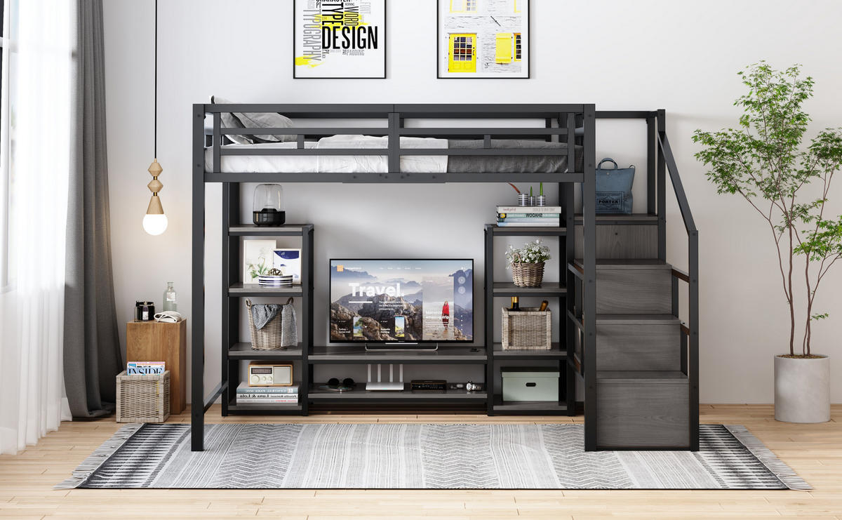 HOCHBETT 140/200 cm in Schwarz mit TV-Ständer, Steckdose und Leiter aus Metall - Schwarz, Holzwerkstoff/Metall (140/200cm) - CHICFURN