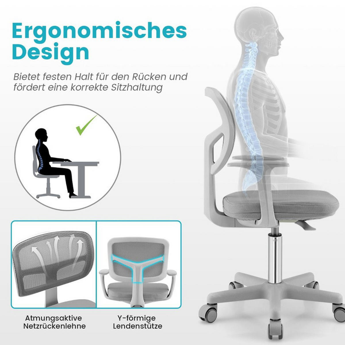 KINDER‑BÜROSTUHL 360°drehbar grau - Grau, Kunststoff (54/80/54cm) - COSTWAY