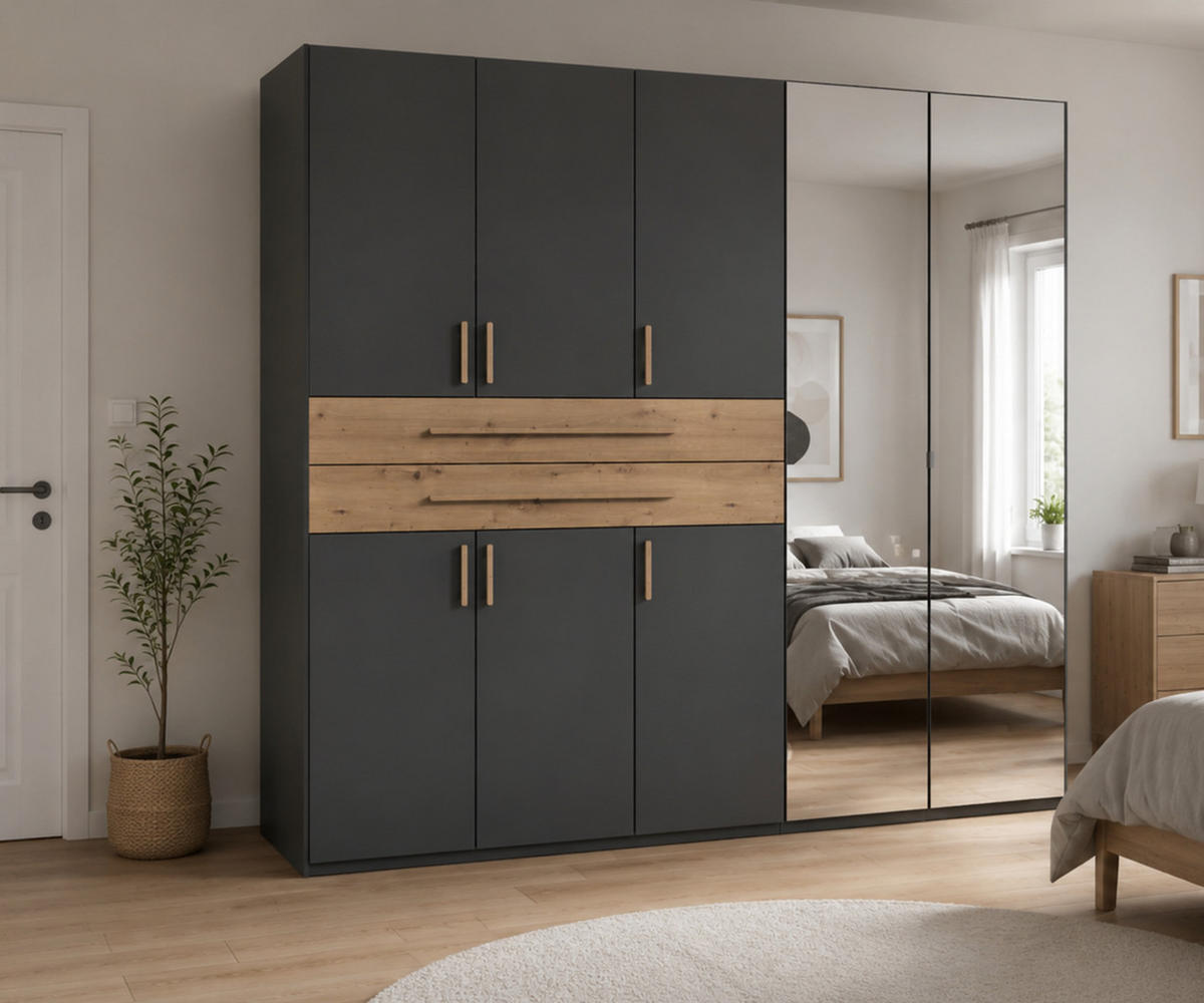 SKŘÍŇ S OTOČNÝMI DVEŘMI B225/H208/T58 cm v barvě grafit, šatní skříň se 2 zrcadlovými dveřmi, 2 zásuvkami a úchytkami v dekoru dub Artisan / 22637 - grafitová/dub artisan, kompozitní dřevo/plast (225/208/58cm) - luma-home