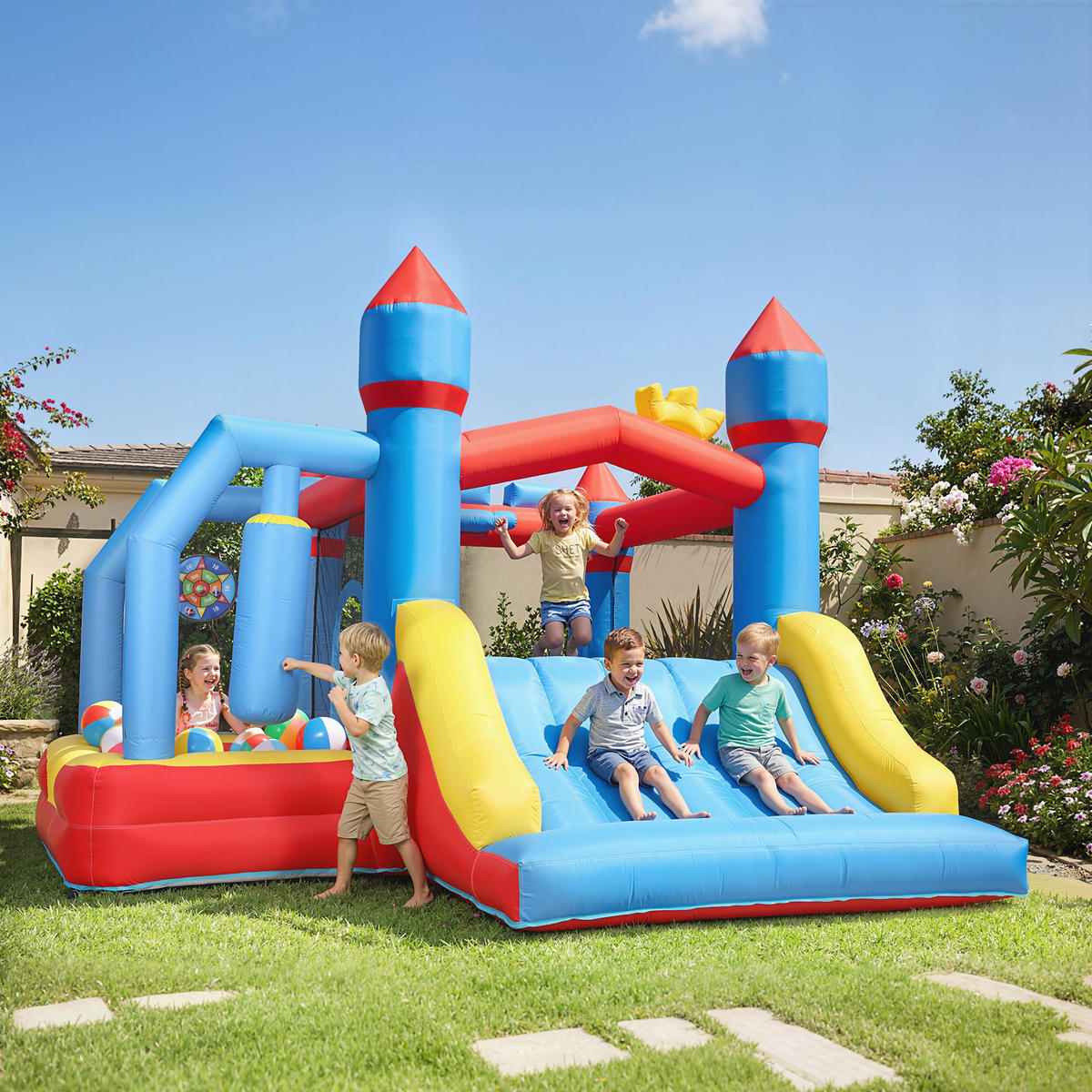 HÜPFBURG DE-18569 5-in-1 mit Wasserspielzeug & Trampolin Bunt - Multicolor, Kunststoff (277/270/215cm) - ComfortXL