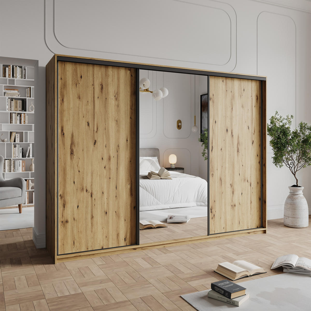 SCHWEBETÜRENSCHRANK TAVI 250/205/60 cm 3-türig mit Spiegel und Schubladen Eiche Artisan - Schwarz/Eiche Artisan, Holzwerkstoff (250/205/60cm) - MASSENO