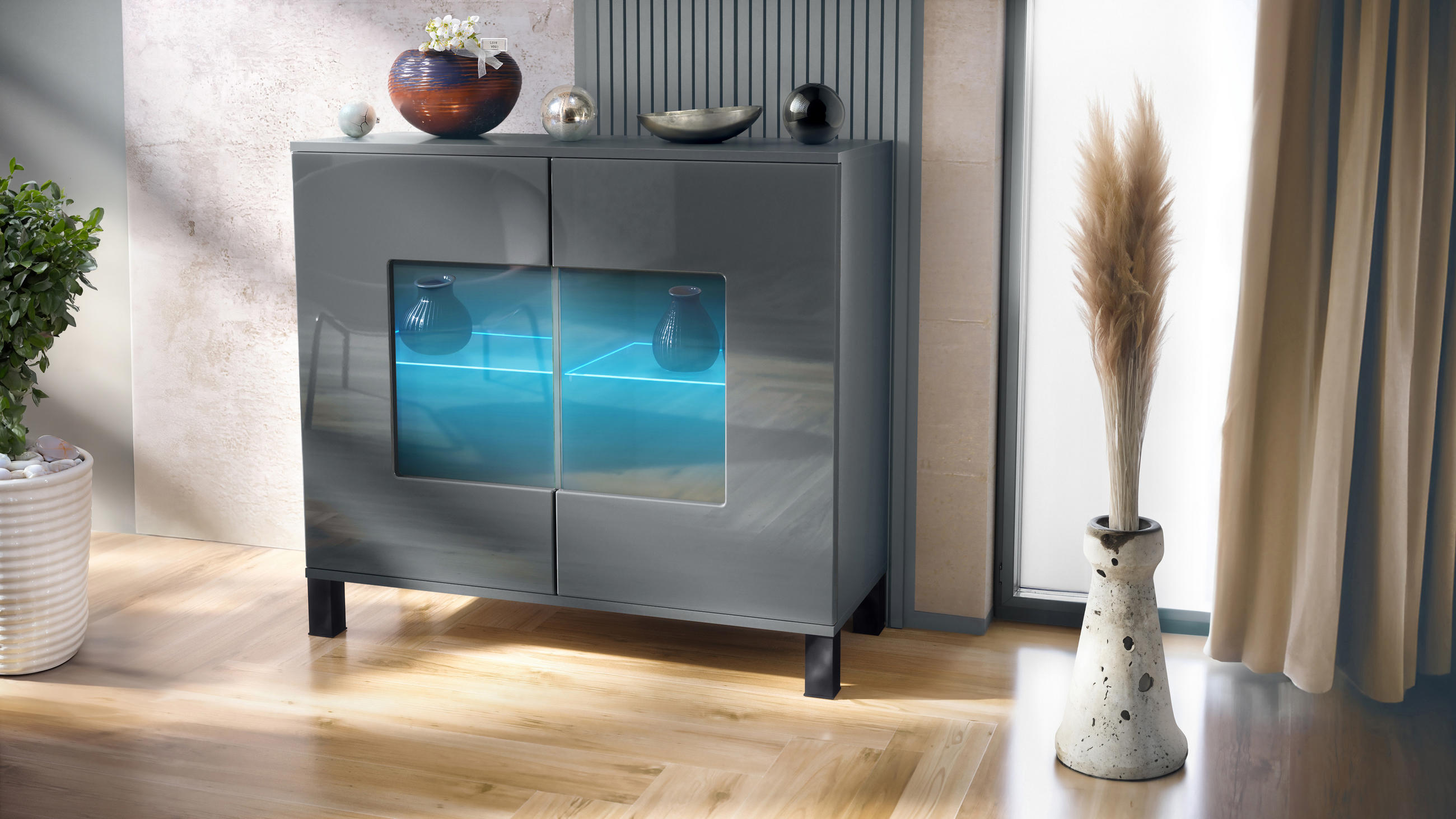 KOMMODE Grömitz Grau Hochglanz - Grau, Holzwerkstoff (92.5/84.5/35cm) - Vladon