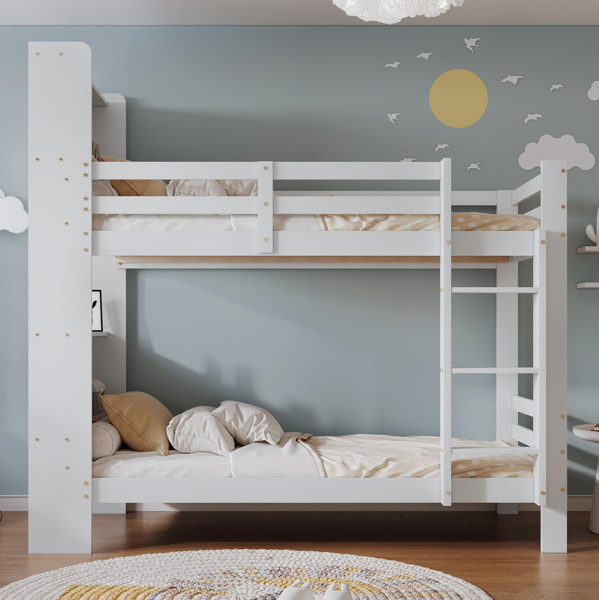 ETAGENBETT 90/200 cm in Weiß mit Regalen und rechtwinkliger Leiter - Weiß, Holzwerkstoff (90/200cm) - BEAOK
