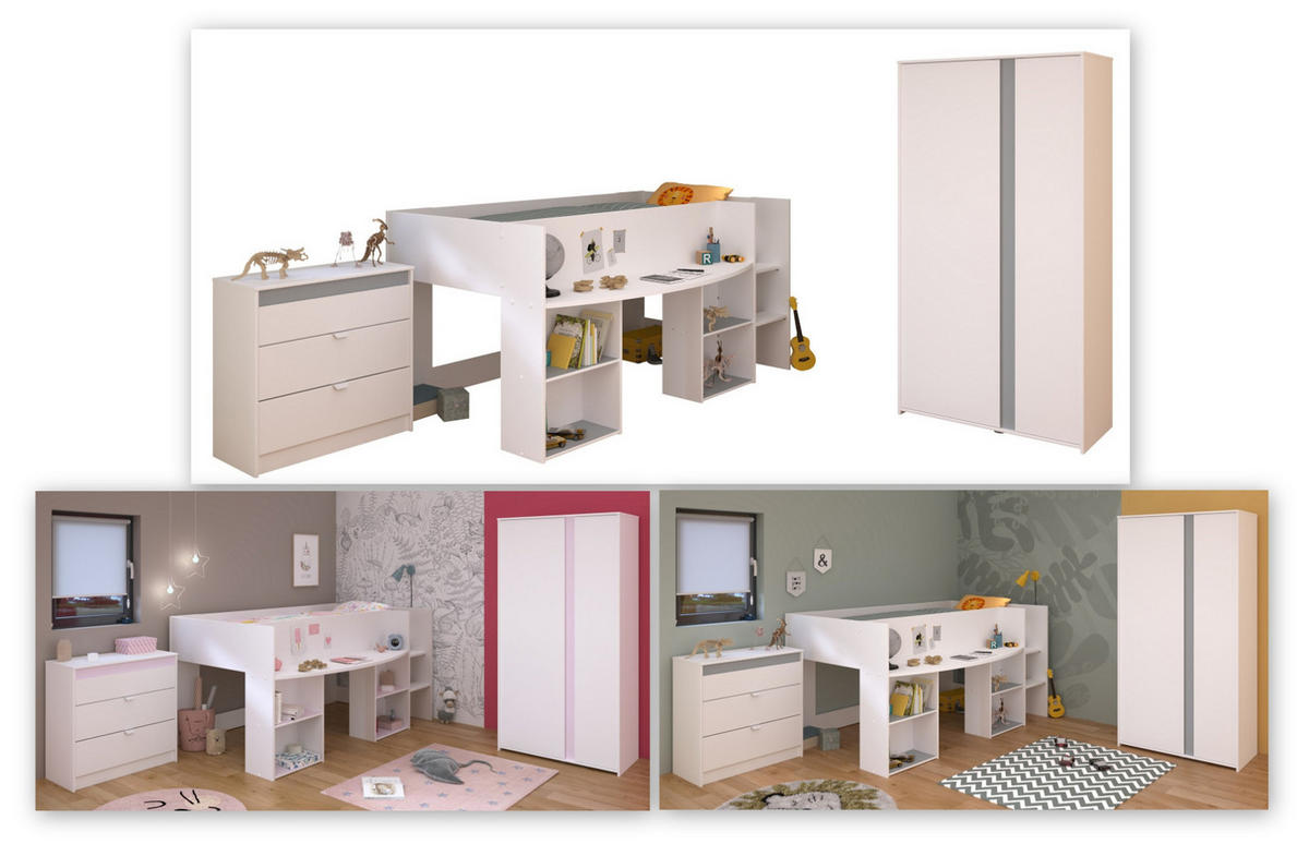 KINDERZIMMER Set 3-tlg. mit Hochbett Kleiderschrank Kommode Bett 90x200 - Weiß/Rosa, Holz/Holzwerkstoff (205/182/132cm) - Parisot Meuble