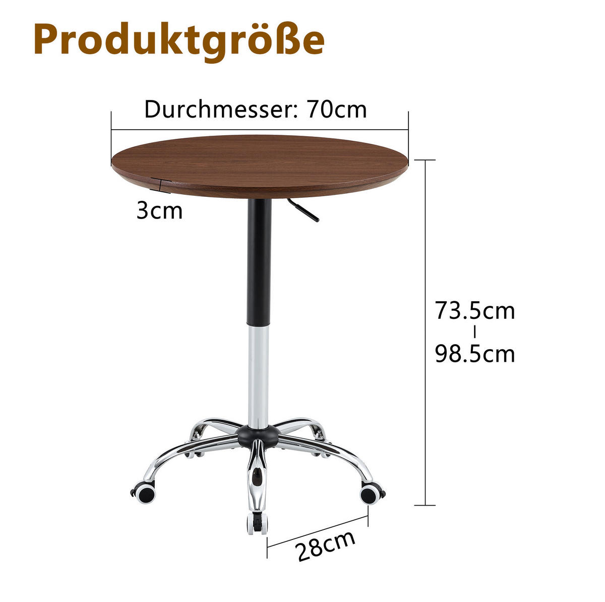 BEISTELLTISCH mit Rollen 70 cm, höhenverstellbar in Nussbaum-Optik - Walnussfarben, Holzwerkstoff (70/70/73.5cm) - BEAOK
