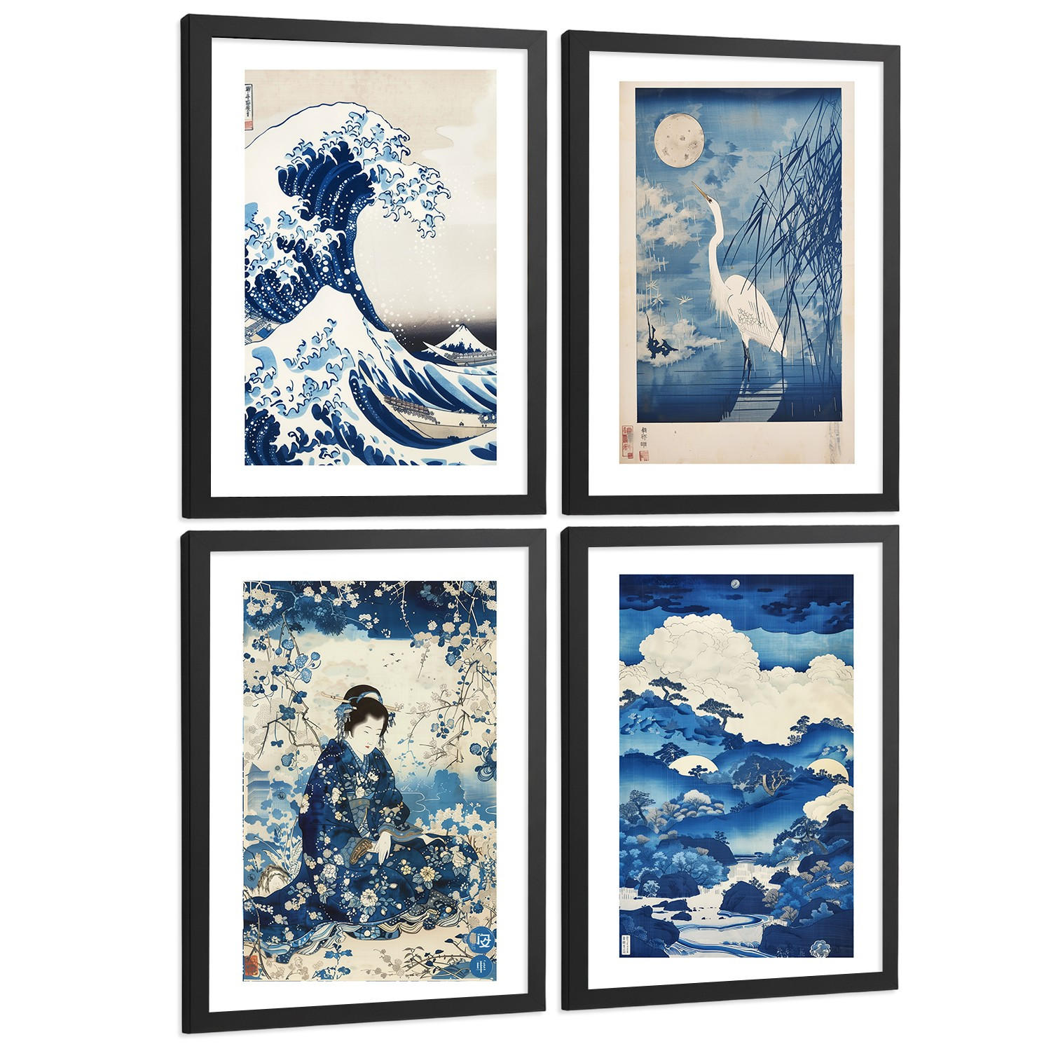 POSTER 4er Bilder-Set Wandbilder Japanisch modern Wohnzimmer Deko, Schlafzimmer, Küche, Badezimmer Schwarzer Rahmen A3 - Schwarz, Papier (29.7/1/42cm) - Nacnic