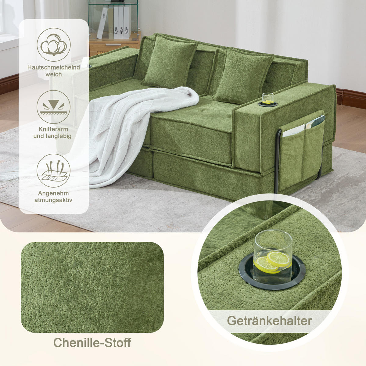 SCHLAFSOFA 162/78/66 cm Grün Chenille mit seitlichem Stauraum und Getränkehaltern - Grün, Textil (162/66/78cm) - Oxeza