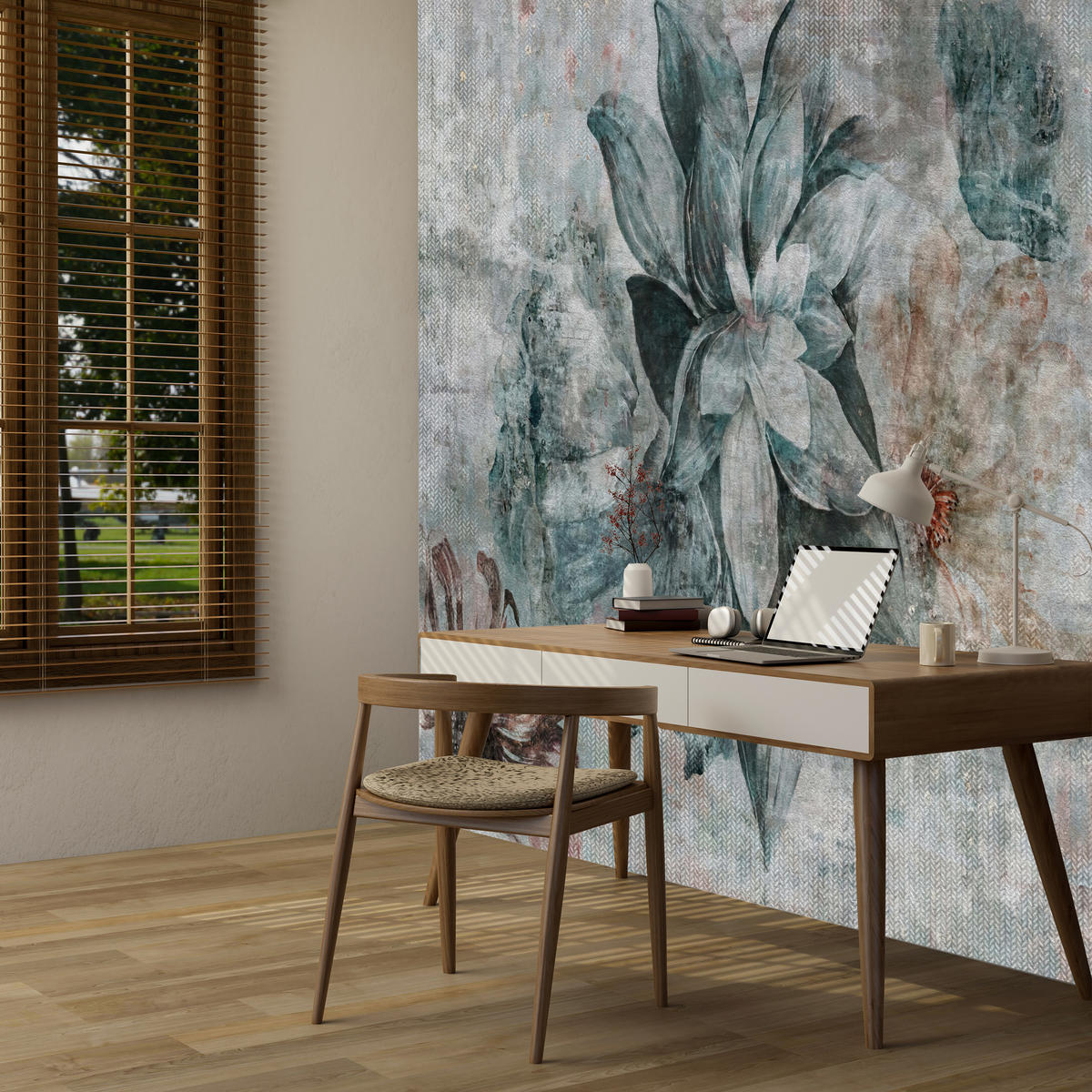 FOTOTAPETE für Schlafzimmer Aquarellblumen Beton Natur Pflanzen 200x140 - Grau, Papier (200/140cm) - Muralo