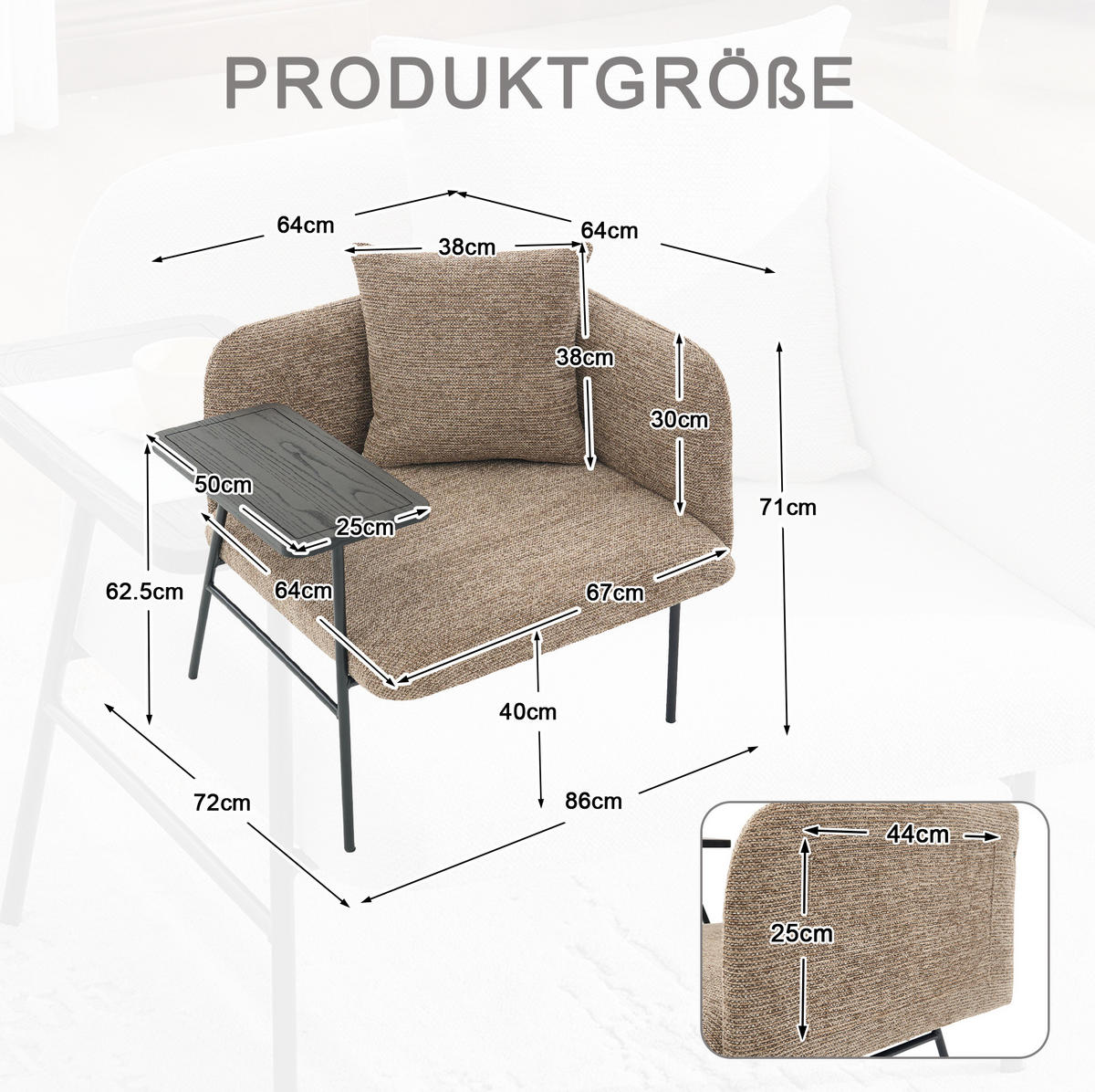 SESSEL 86/72/71 cm khaki aus Chenille mit Beistelltisch und Seitentaschen - Sandfarben, Textil (72/71/86cm) - OKWISH