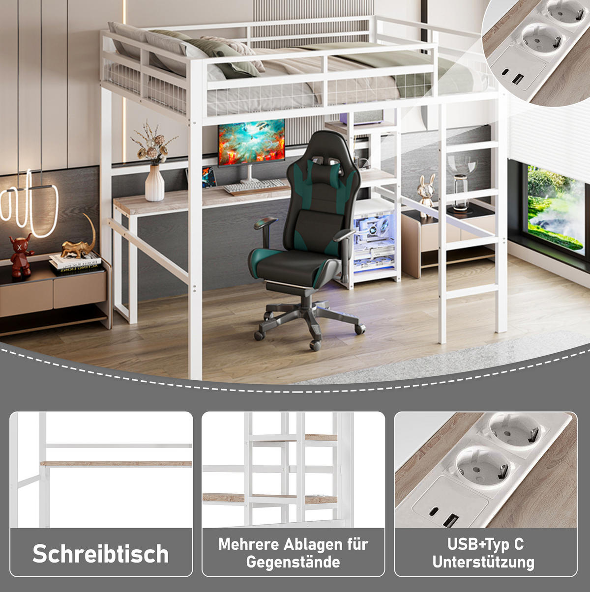 VISOKI krevet 140/200 cm s policama, stolom, USB i Type-C utičnicom, zaštitnom ogradom i ljestvama, Bijeli - bijela, metal (140/200cm) - Redom